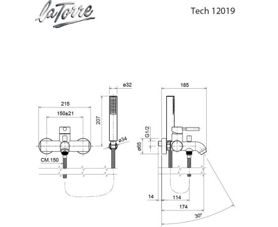 La Torre New Tech Αναμεικτική Μπαταρία Μπανιέρας Πλήρες Σετ Μαύρη - Λουτρού στο AFOI TOGIA