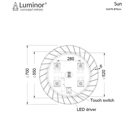 Luminor Sun Στρογγυλός Καθρέπτης Μπάνιου με Φως 70x70cm - Καθρέφτες στο AFOI TOGIA