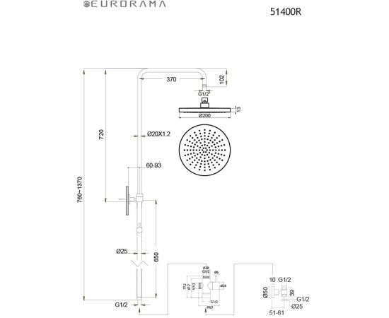 Eurorama  Κολωνα Ντουζ Y83-144 εκ με Κεφαλη Φ20 Black Matt - Στήλες Ντουζ - Υδρομασάζ στο AFOI TOGIA